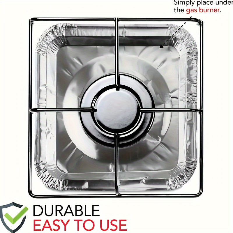 50 disposable aluminum covers designed for gas stoves, with a size of 8.5 inches square and heat-resistant properties to protect stove tops. These thick covers are ideal for use with gas stoves and can be used for various kitchen tools, supplies, and