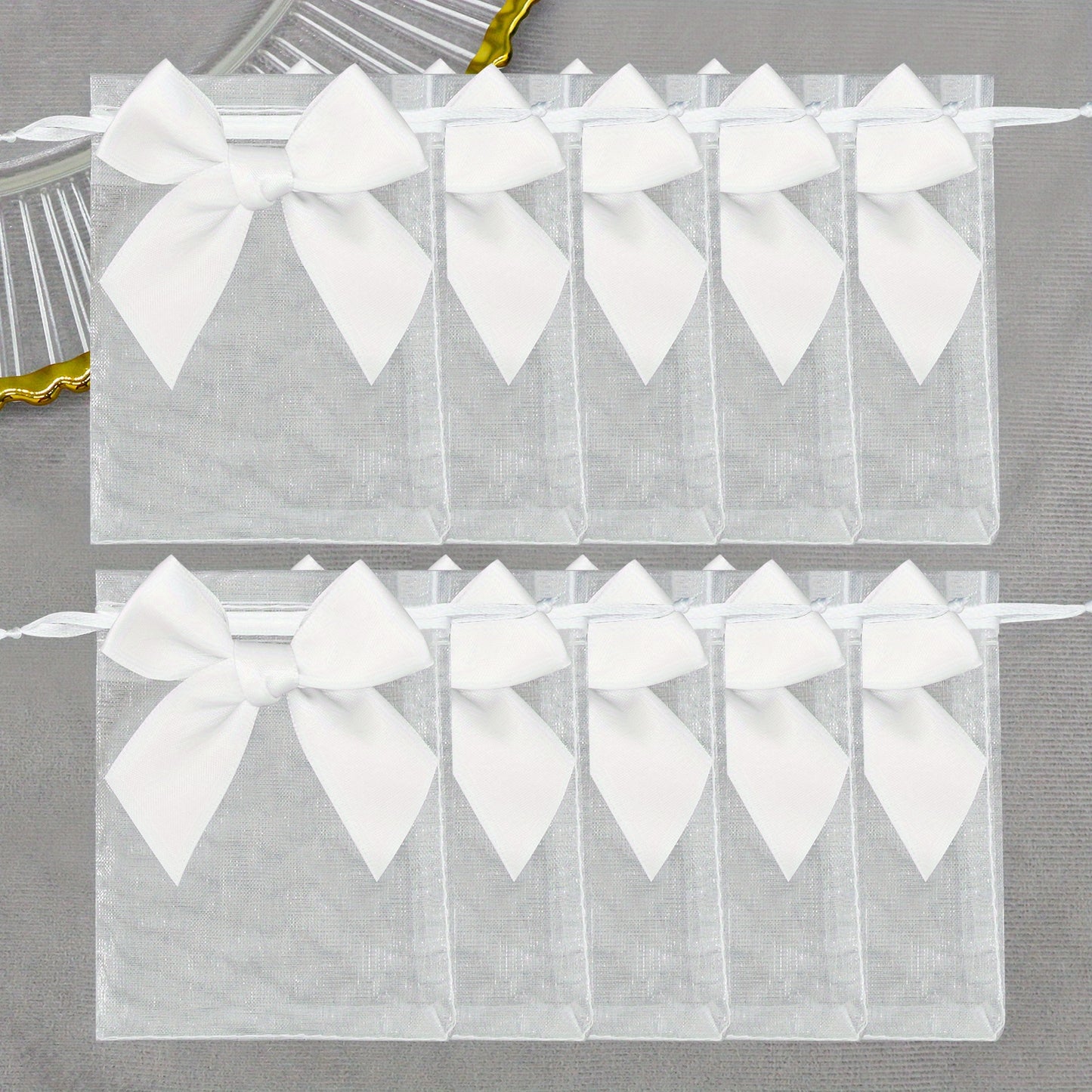 10 elegant organza bags with ribbon and bow, ideal for gift wrapping and party favors.