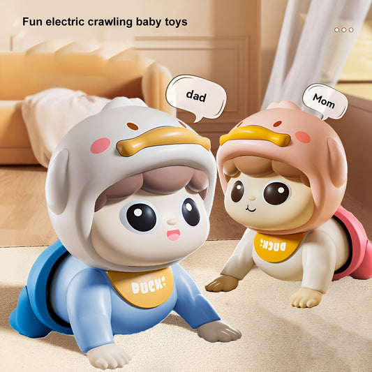 Interactive crawling toy for youngsters with music and speech learning, featuring a cute design in white, pink, and yellow. Batteries not included.