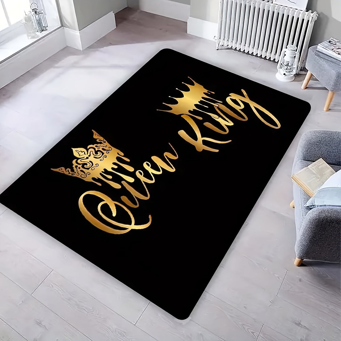 Soft Non-Slip Area Rug with Queen & King Crown Design - Stain Resistant, Machine Washable for Living Room and Kitchen Décor