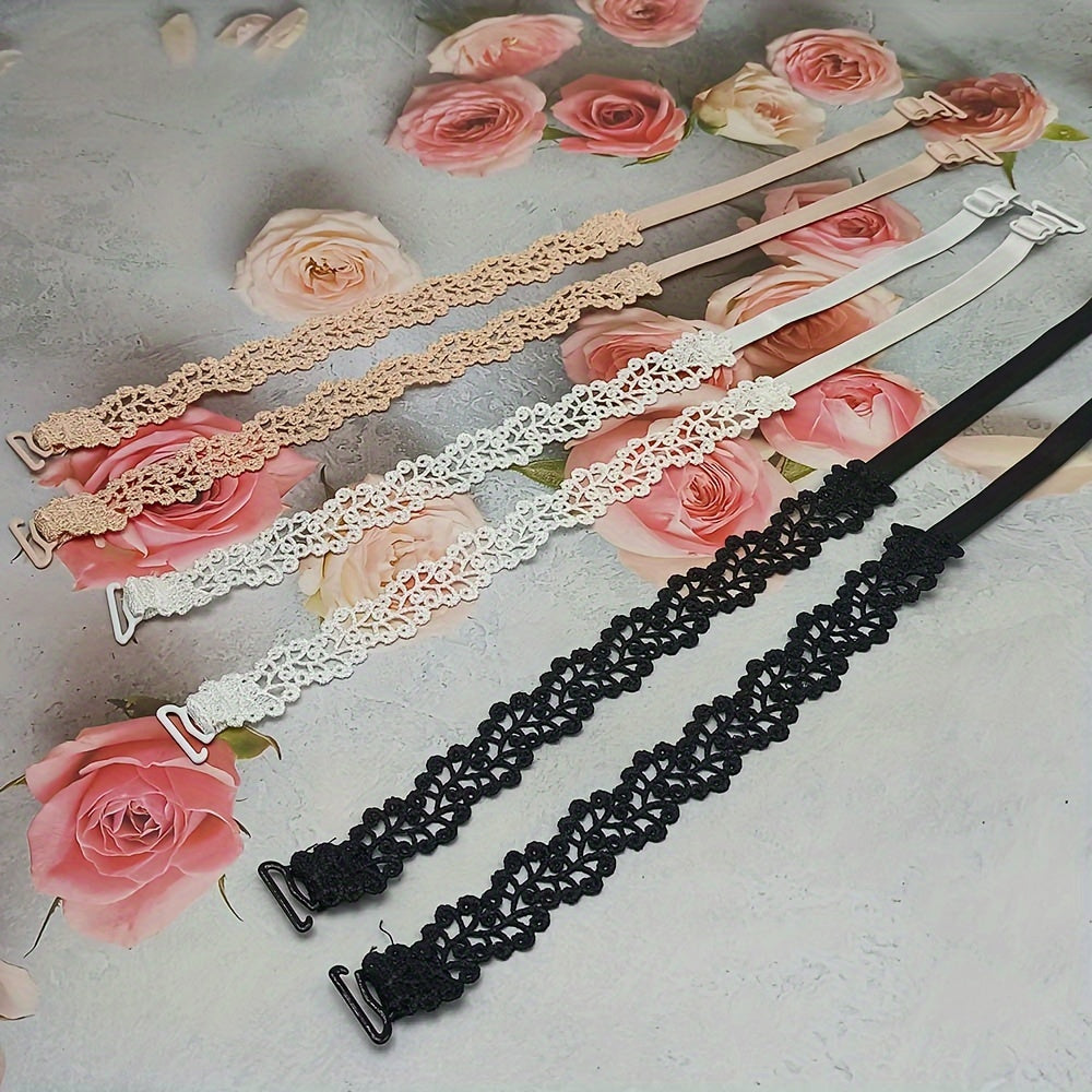 Floral bra straps in beige, white, and black with metal clasps, adjustable and made of polyester fabric; women's fashion accessory for lingerie.