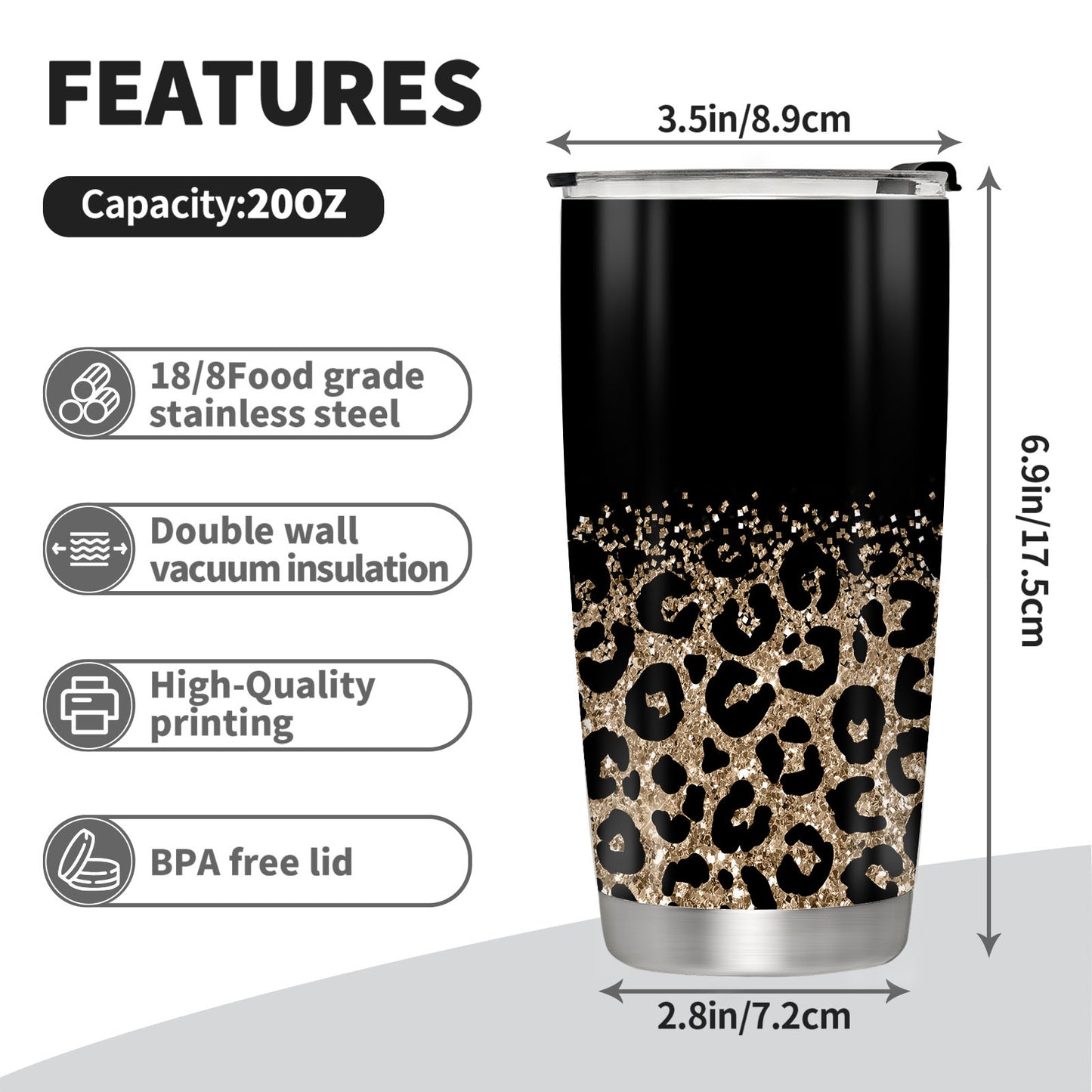 Leopard print tumbler, 20oz/590ml, stainless steel coffee cup with lid, double wall insulated. Perfect for gifting occasions like Christmas, Thanksgiving, Father's Day, Graduation, Independence Day. BPA-free and washable.