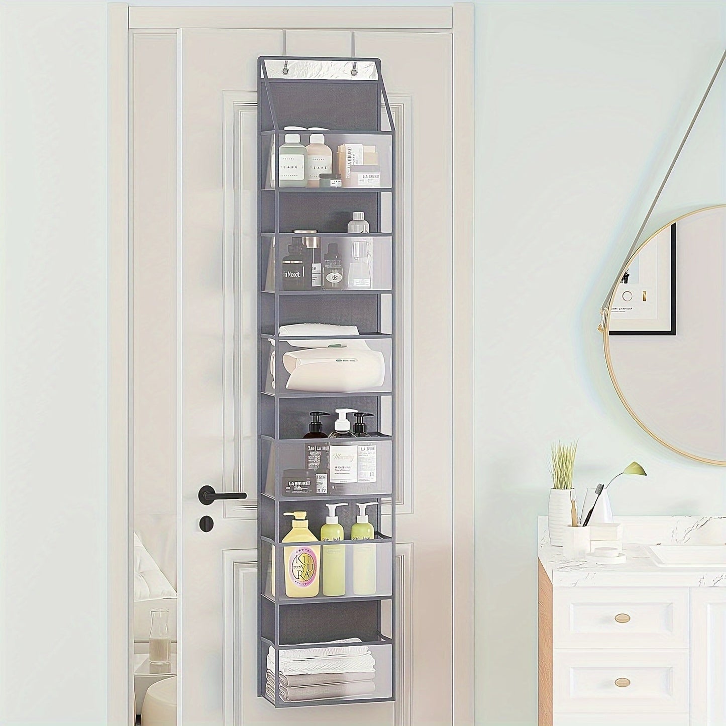 A versatile over-the-door organizer featuring clear pockets - ideal for bedrooms, closets, bathrooms, and dorm rooms.