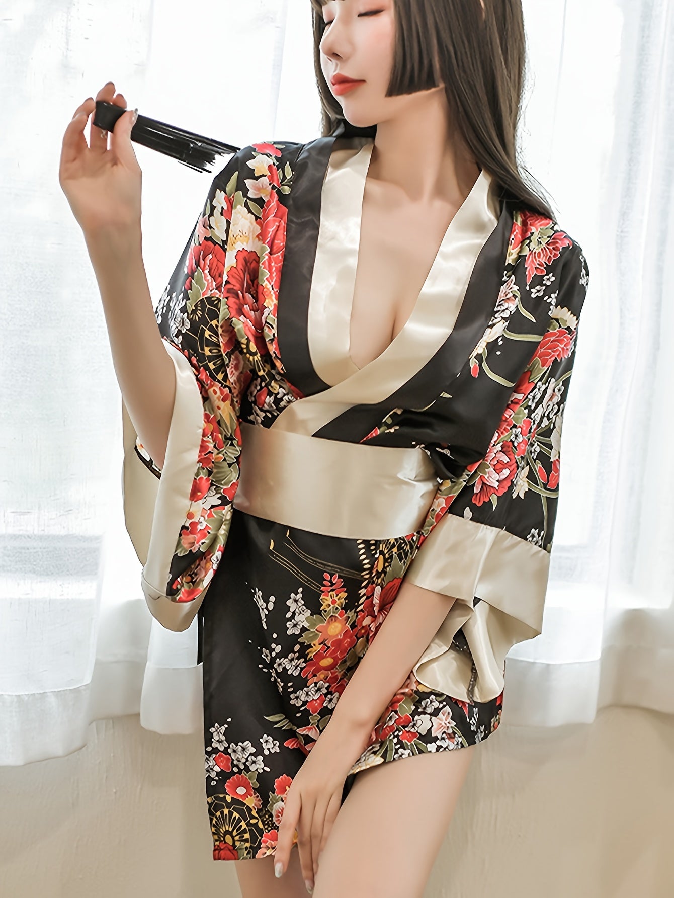 Floral satin kimono robe for women's role play and lingerie.