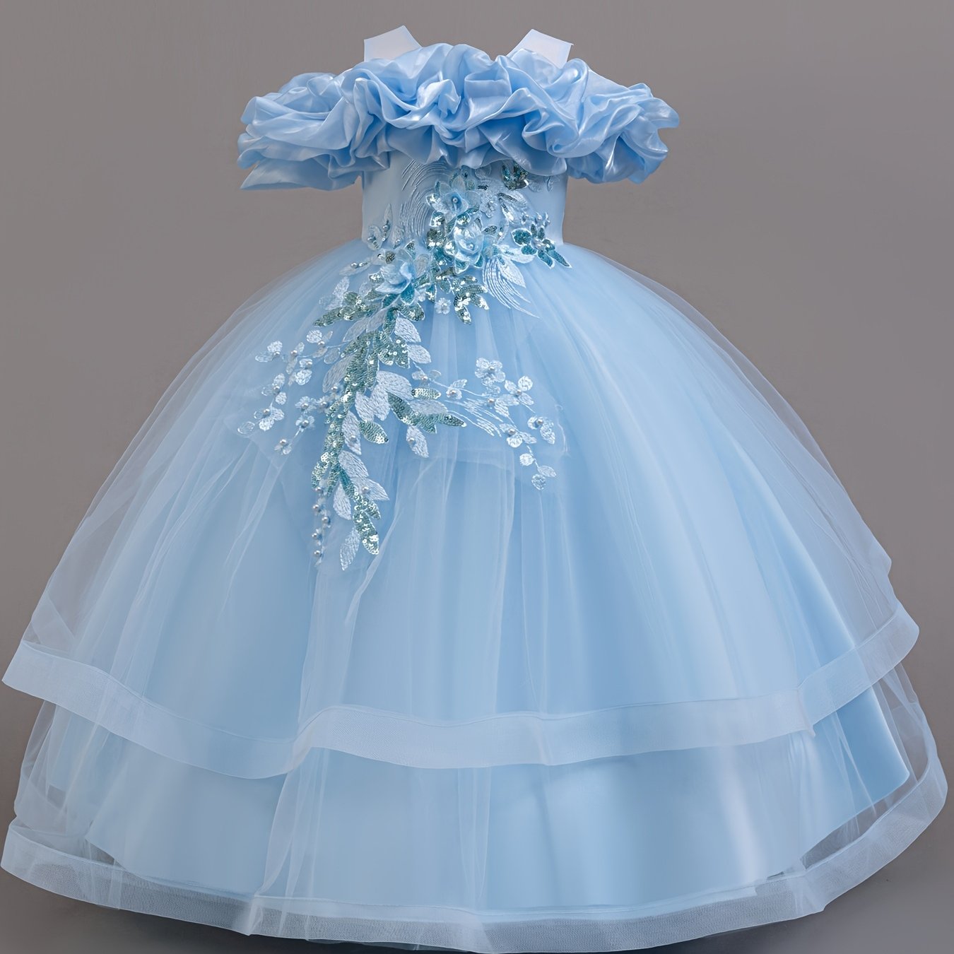 Elegant embroidered mesh ball gown for girls, featuring beaded detail. Made of polyester and viscose blend, perfect for birthdays, pageants, holidays, and performances. Long length