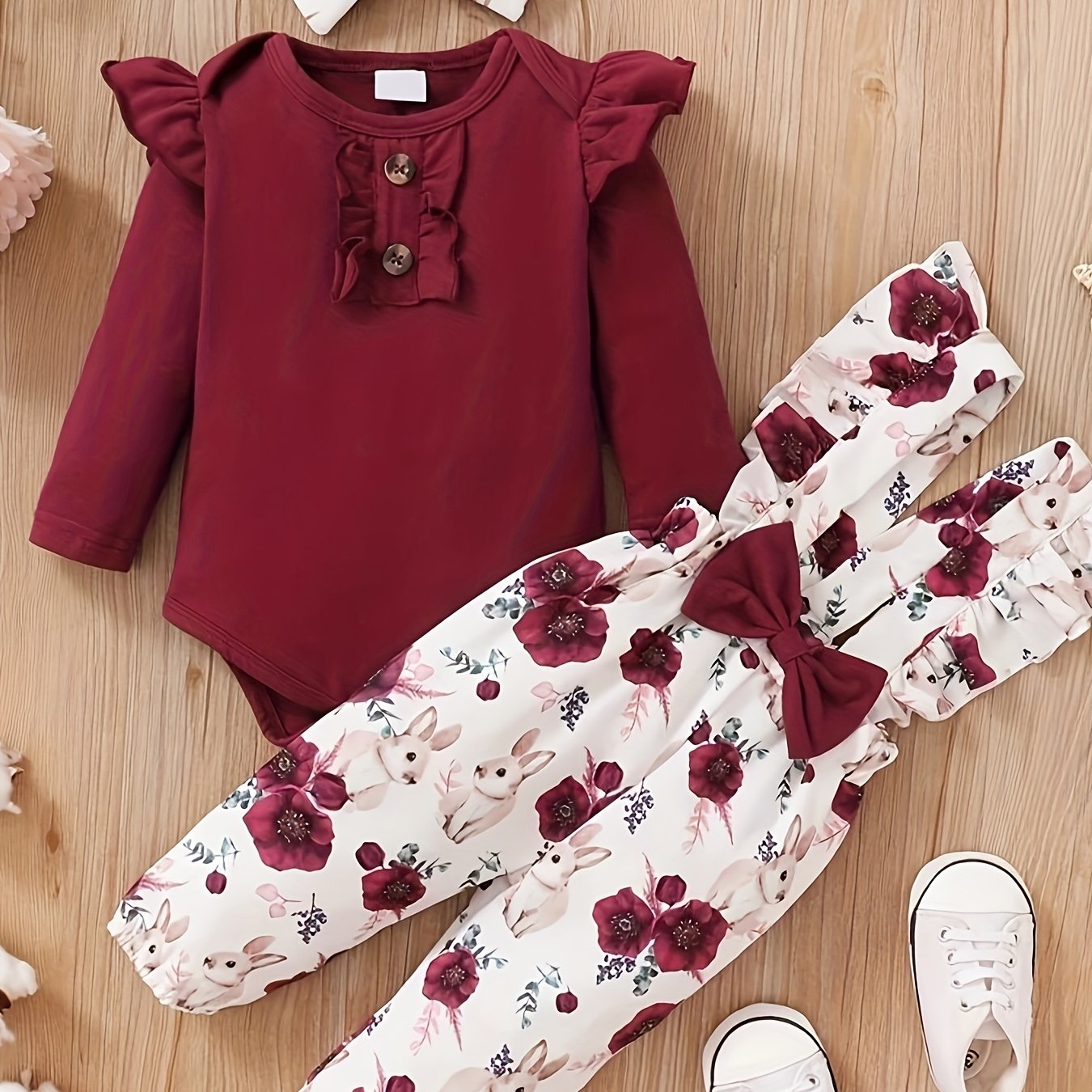 Baby girls' 2-piece casual outfit set includes a long sleeve onesie, floral animal print suspender pants, and bow headband, perfect for everyday wear in spring and autumn.