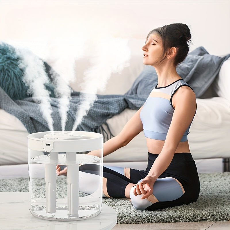 Compact ultrasonic humidifier with face steamer, USB-powered, plastic material, low voltage, designed for home and office use.