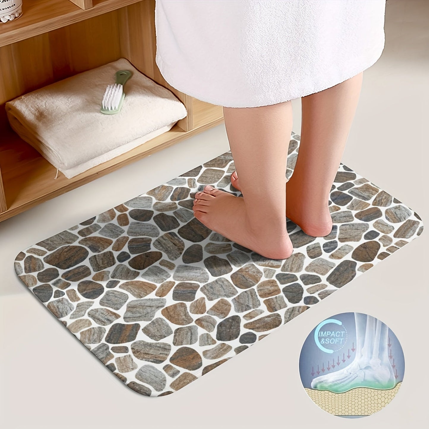 Two pieces of bathroom rugs made with high resilience foam, featuring a natural stream gravel design. These rugs are non-slip, absorbent with microfiber, and are machine washable. They are made of a polyester blend, are 1.2cm thick, and are woven bath