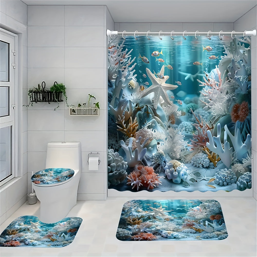 Ocean style shower curtain set with shell and starfish print, includes waterproof curtain, non-slip floor mat, toilet seat cover, bathroom mat, 12 plastic hooks for home decoration.