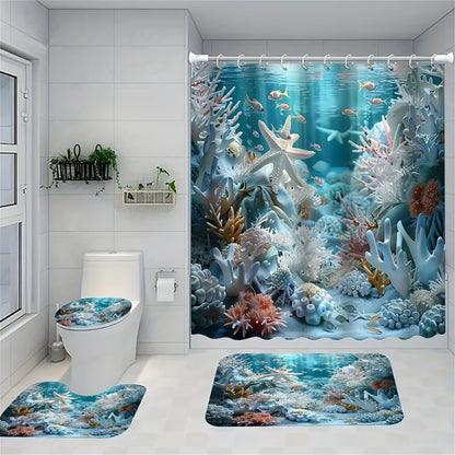 Ocean style shower curtain set with shell and starfish print, includes waterproof curtain, non-slip floor mat, toilet seat cover, bathroom mat, 12 plastic hooks for home decoration.