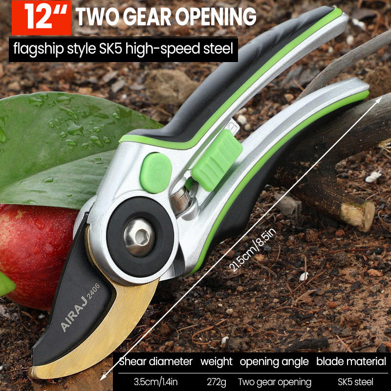 AIRAJ Ergonomic Pruning Shears with ultra-sharp blades for easy branch cutting, comfort grip handles, ideal for fruit trees, flowers, and gardening tasks.