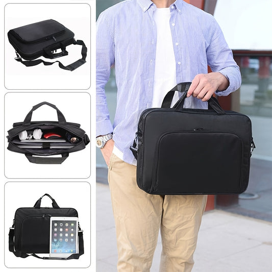 Durable black laptop sleeve with shoulder strap and compartments.