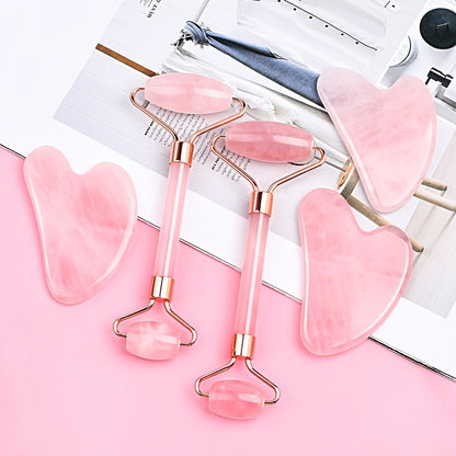 This set includes a dual head roller and heart-shaped scraping board for odorless, manual facial and eye massages for beauty and relaxation.