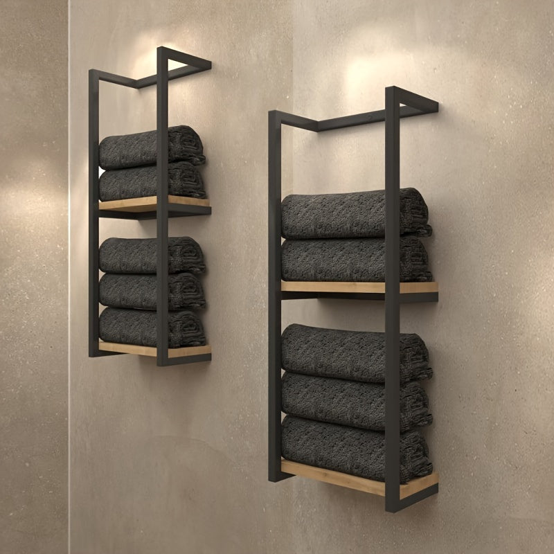 Modern metal and wood bathroom towel rack with shelves, ideal for storing towels and essentials in modern bathrooms. Can also be used for outdoor storage. Non-waterproof design, perfect for