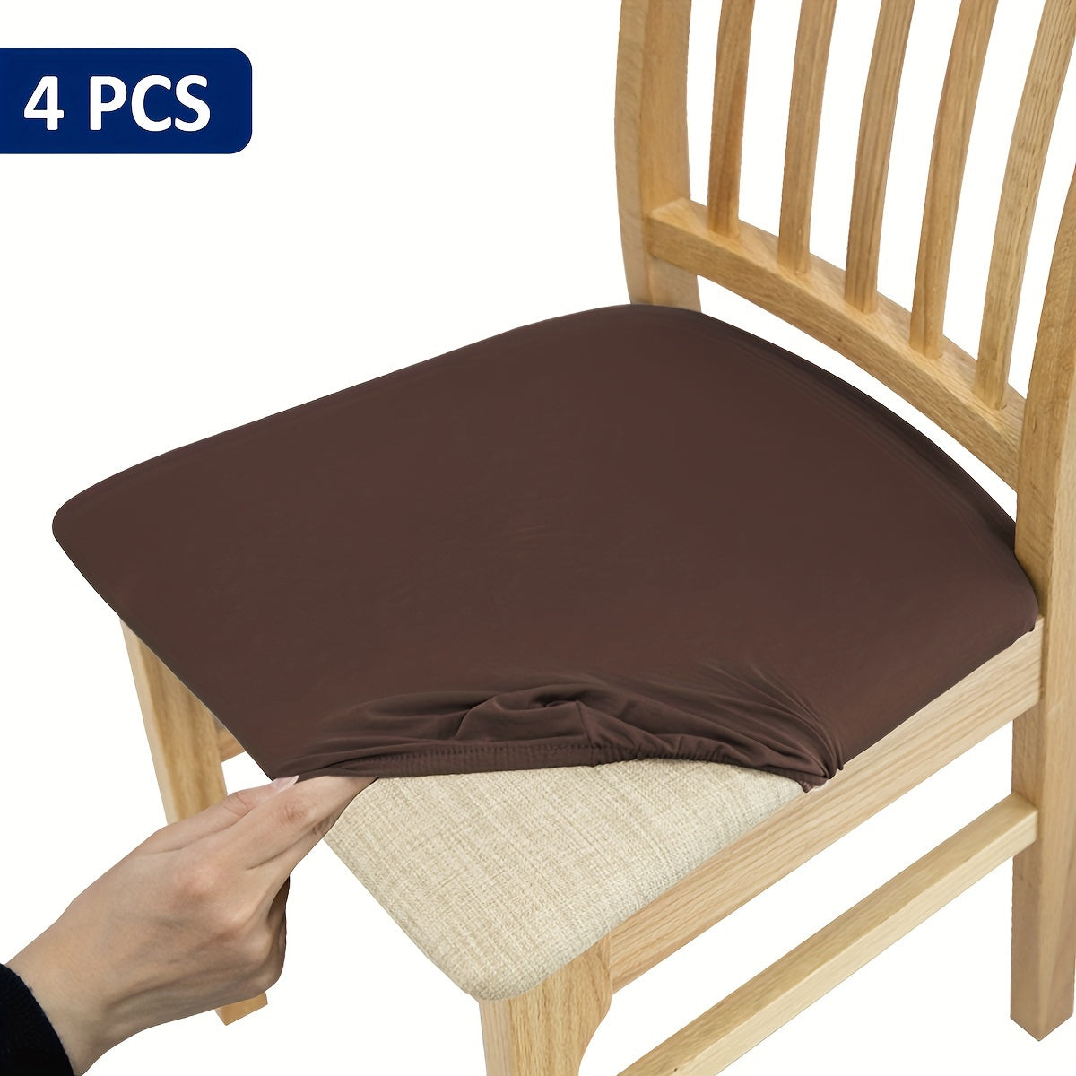 4/6 piece elastic chair cushion cover in various solid colors. Easy to install and ideal for protecting furniture in living rooms, kitchens, and restaurants.