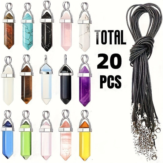 Set of 20 Artificial Crystal Hexagonal Column Quartz Pendants with Synthetic Gemstone Charms, Adjustable Leather Necklace Cords, Complete with Storage Bag for DIY Jewelry Making. Perfect for Gift Giving.