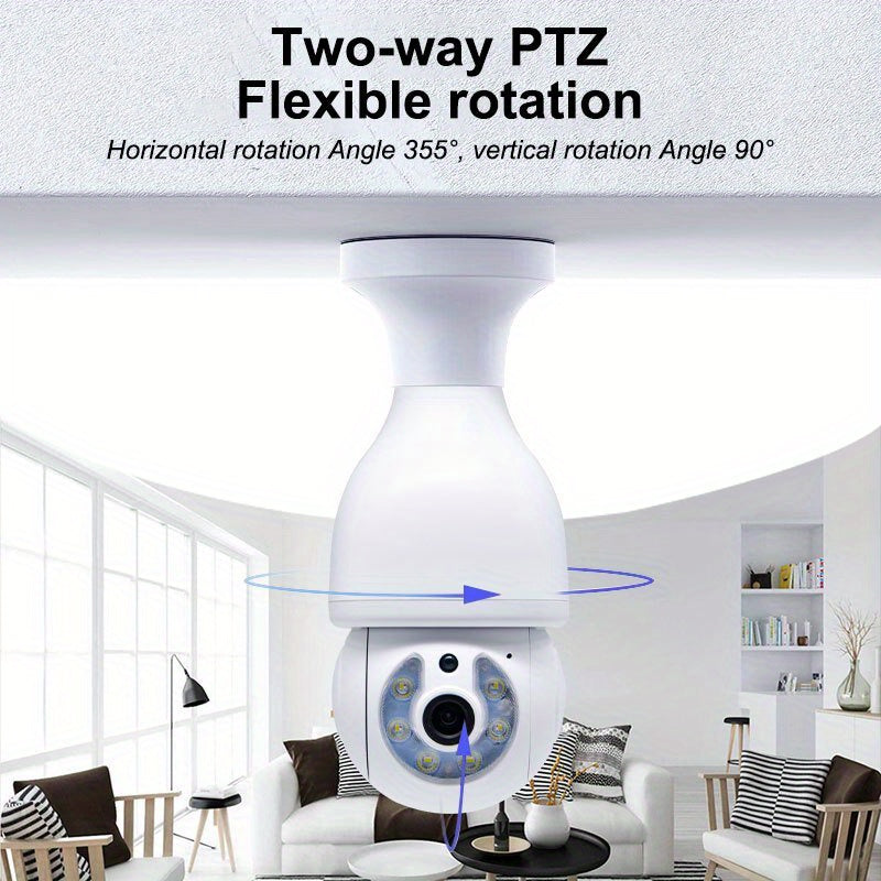 2MP WIFI wireless light bulb camera with intelligent safety features. This indoor and outdoor camera is equipped with 2.4GHz WiFi connectivity and fits in a standard E27 light bulb socket. The PTZ function allows for full 360 degree rotation, making it