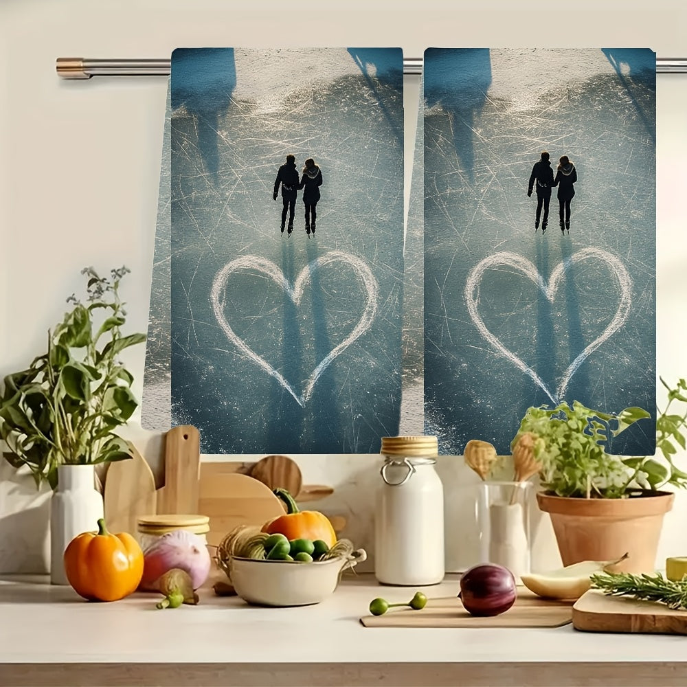 Two Kitchen Towels with an Ultra Soft Feel, Featuring a Couple Ice Skating and Tracing Hearts, Highly Absorbent Dish Hand Towels for Festive Decoration, Easily Machine Washable, Size 16x24 Inches - Item Number 2KYSYS1215038