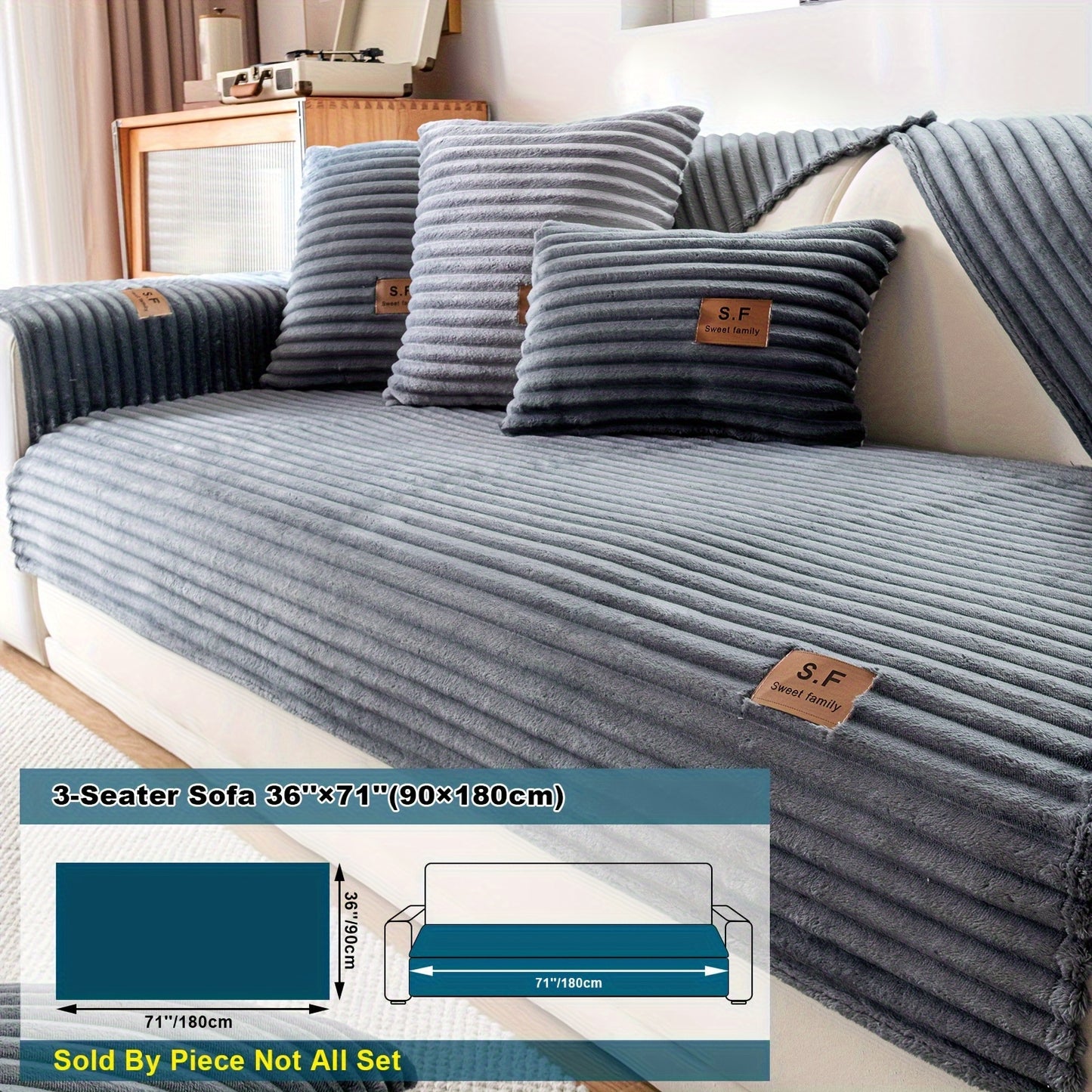 SF Brand Classic Striped Velvet Sofa Cover: Plush, Non-Slip, Durable Furniture Protector for various sizes of sofas. Machine washable and pet-friendly.