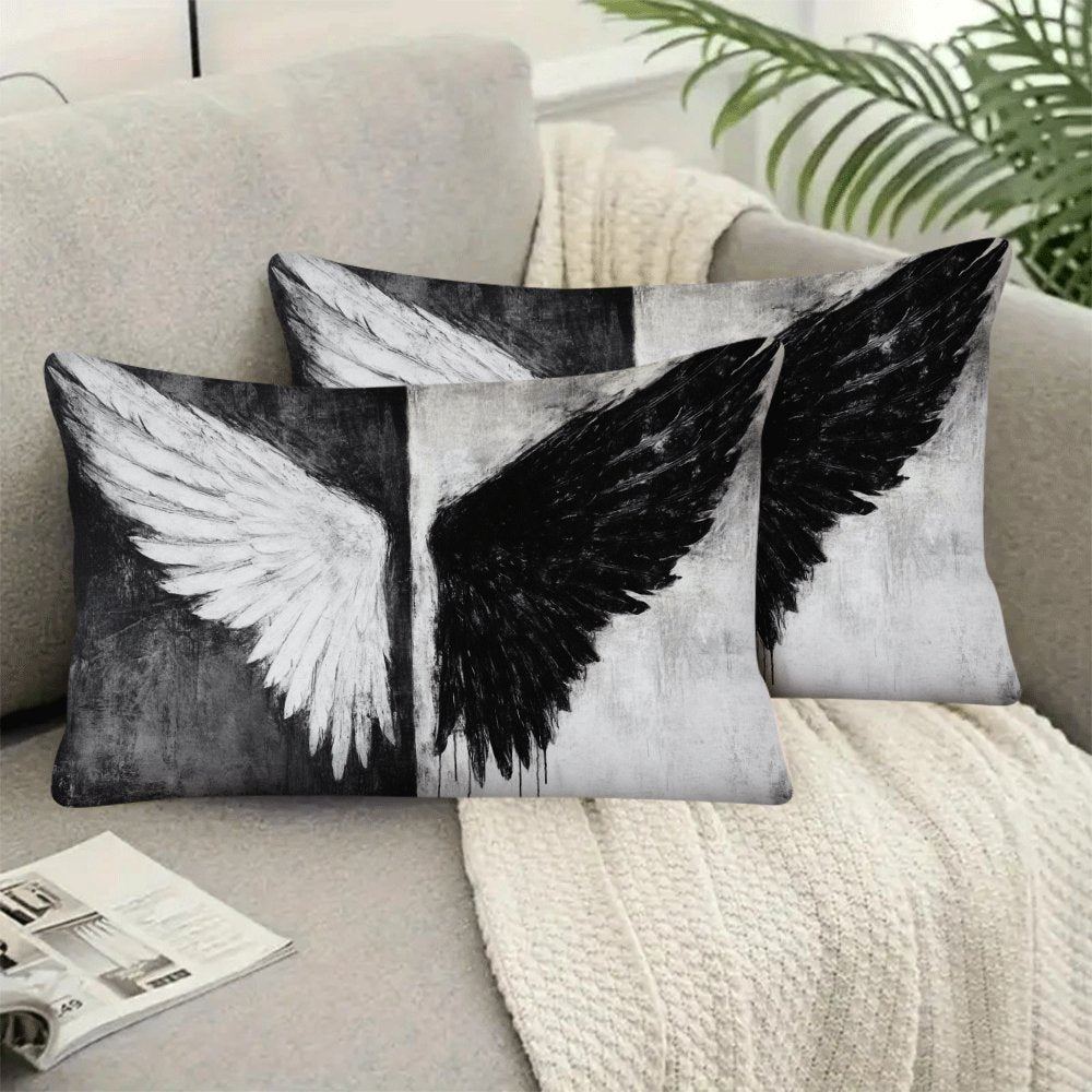 Set of Two Contemporary Black and White Angel Wings Pillow Covers, Casual Polyester Square Cushion Cases with Zipper Closure, Easy to Clean in Washing Machine, Versatile Decorative Pillowcases for Sofa, Bed, or Outdoor Use - Filler Not Included