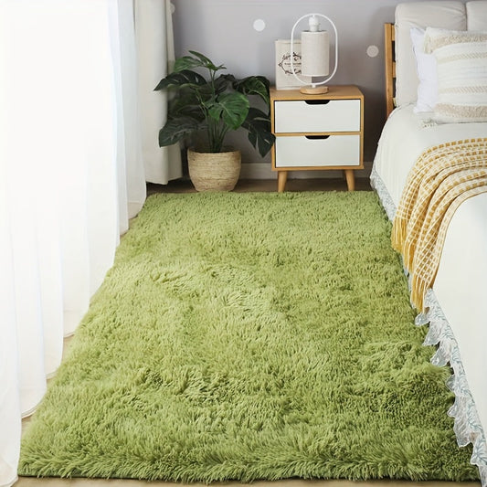 Soft green plush rectangular carpet with ultra-soft texture - plush, resistant to stains, and non-slip for bedroom, living room, and home decor purposes.