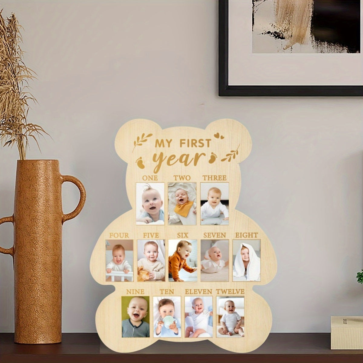 Wooden Bear First Year Milestone Photo Frame, Vertical Poster Frame with Polished Finish, Growth Memorial Table Decor, Adorable Nursery Ornament, Vertical Poster Frame for Living Room, Perfect for Calendar Cards, 1st Birthday Keepsake, Ideal Shower Gift