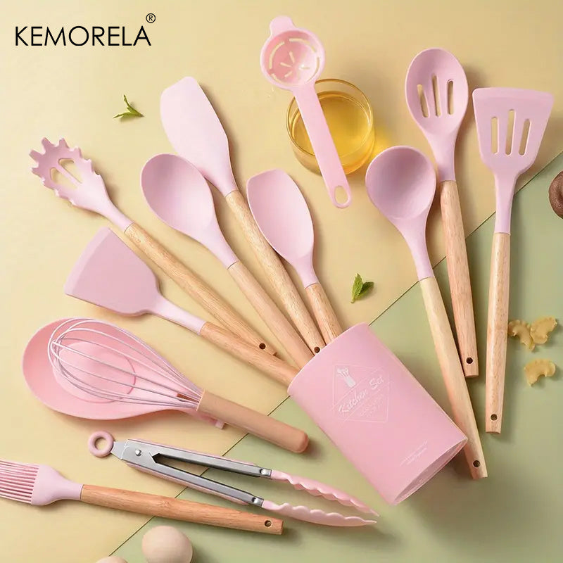 KEMORELA 14-Piece Silicone Kitchen Utensil Set with Wooden Handles and Storage Bucket - Non-Stick, Food-Safe Cooking Tools Ideal for Apartments and Dorms, by KEMORELA