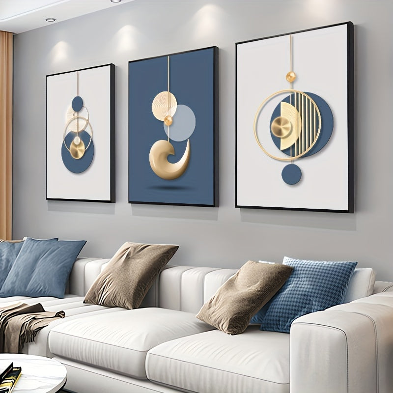 3-piece set of modern wall art paintings in golden blue abstract graphic poster luxury style, featuring creative HD pictures on large canvas prints for minimalist home decoration. Suitable for living room and office room decor, frameless, measuring