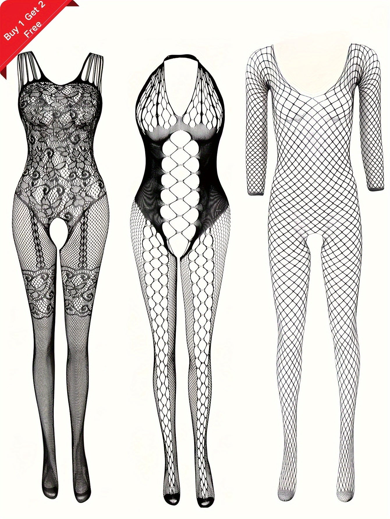 Women's black fishnet lingerie set includes bodysuit with open crotch. Made of high-elastic nylon and spandex in one size. Ideal for date nights, parties, honeymoons, and as a Valentine's