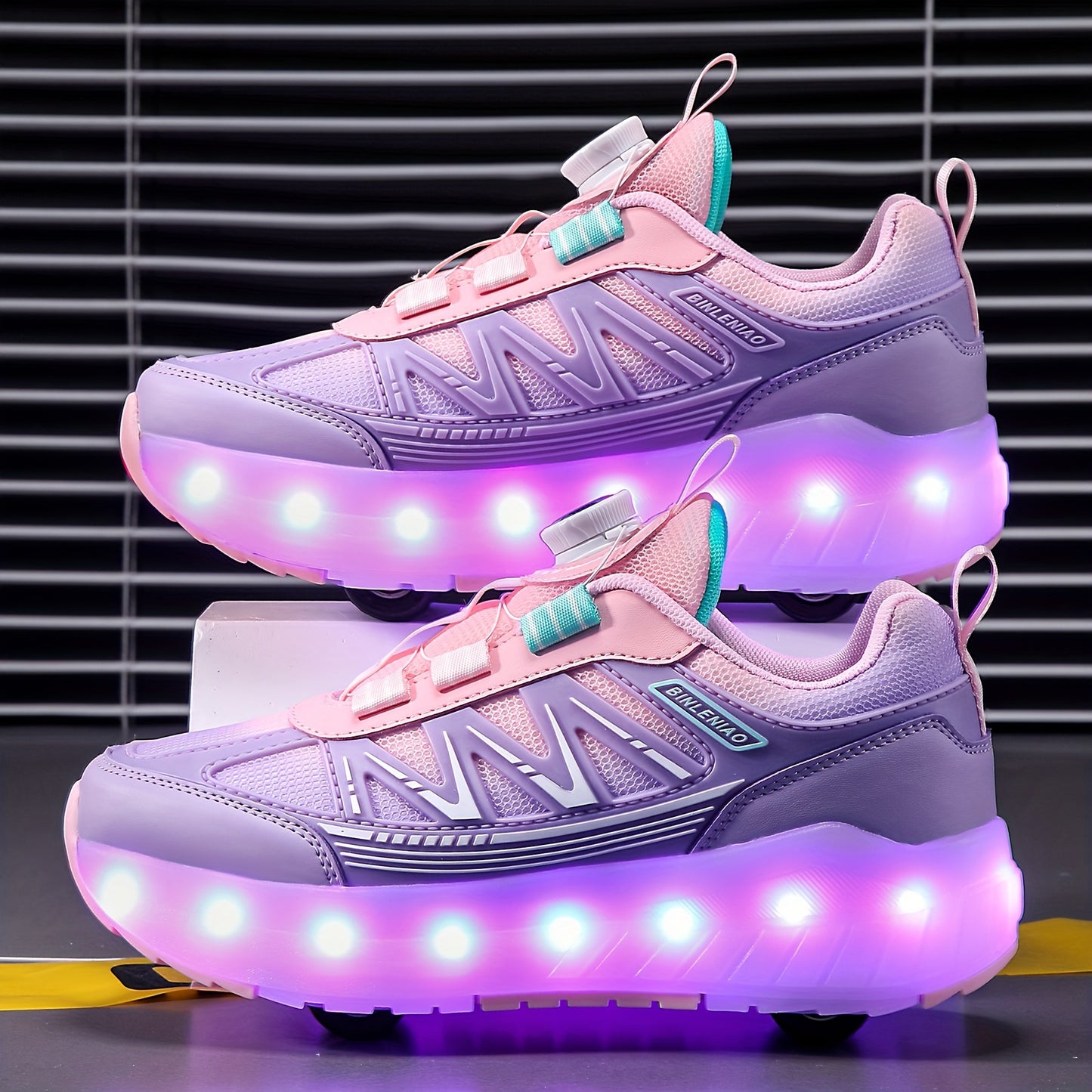 Pink and purple LED light-up skateboard shoes for girls with 8 wheels and 16 flash modes. Breathable and lightweight, with fabric lining, EVA sole, and rotary buckle closure. Suitable for