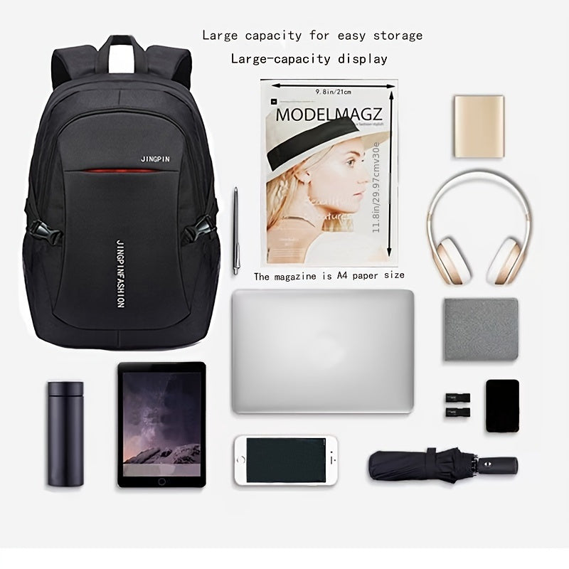 Compact men's nylon backpack for work and university with large capacity, durable and spacious design in fashionable casual style, no USB cable included.