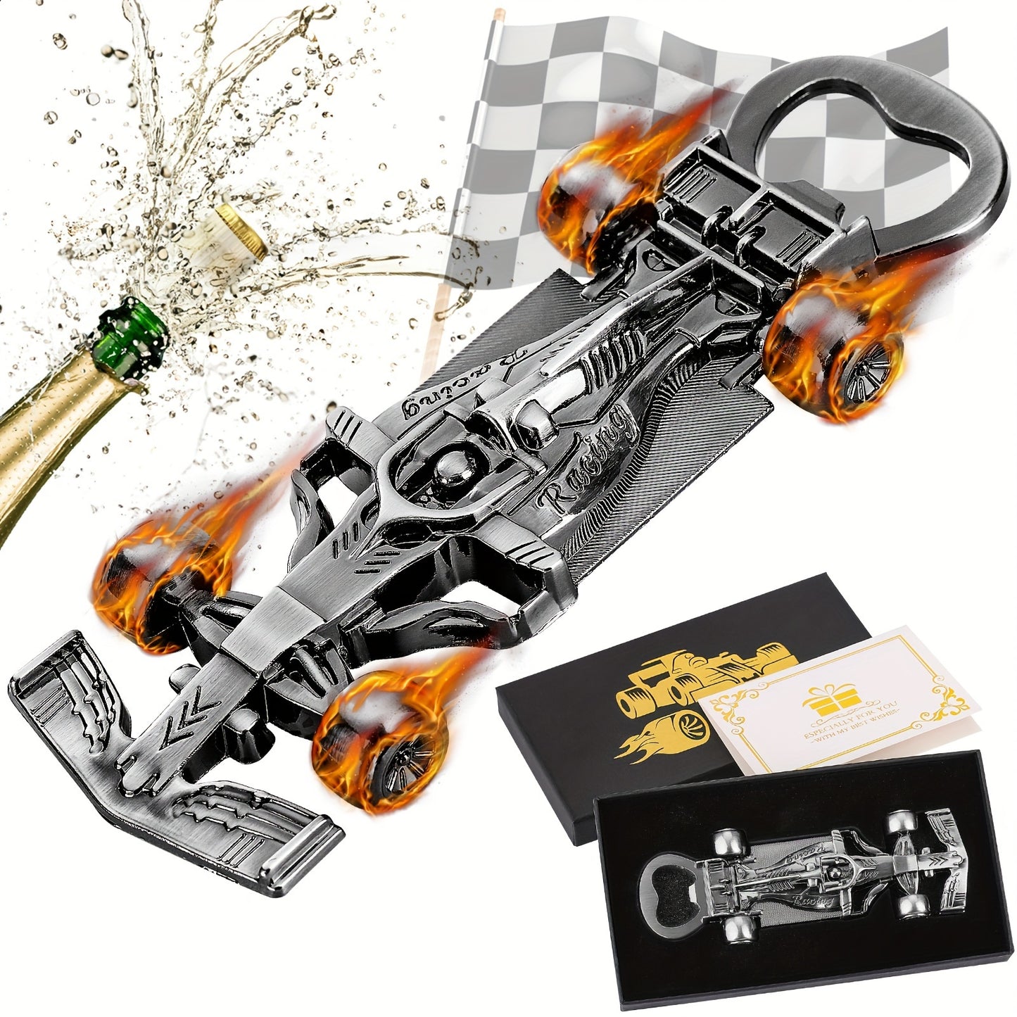 1pc Racing Car Bottle Opener - Unique gift for racing fans. Perfect for Father's Day, birthdays, and Christmas. Comes with gift box and greeting card.