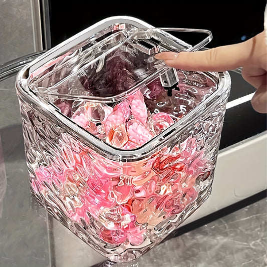 Clear plastic organizer for laundry pods, artistic home decor, laundry room organization.