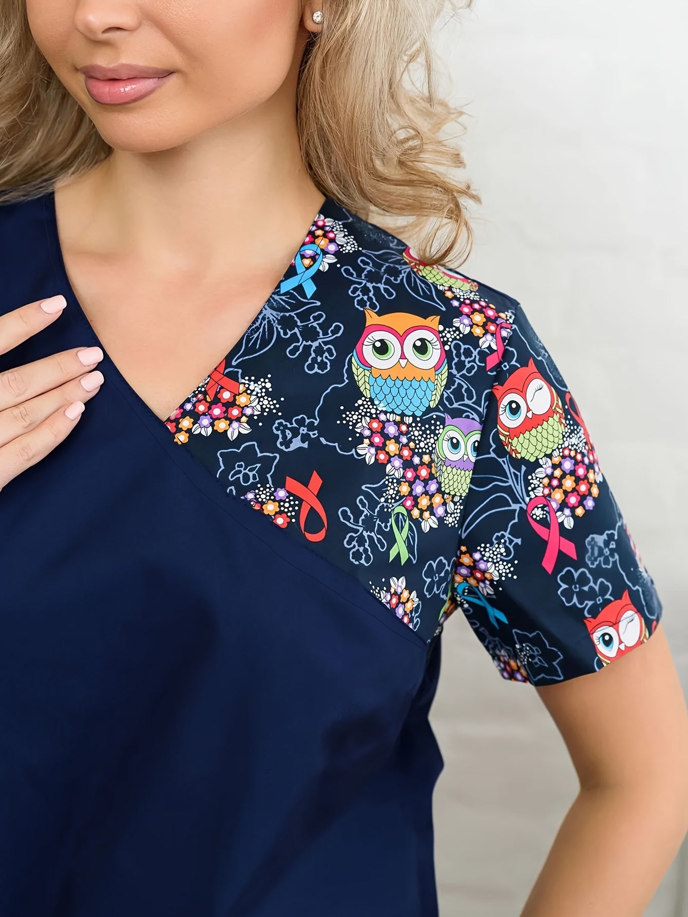 Woodpecker Print Patchwork Nurse Uniform Set for Plus Size Women