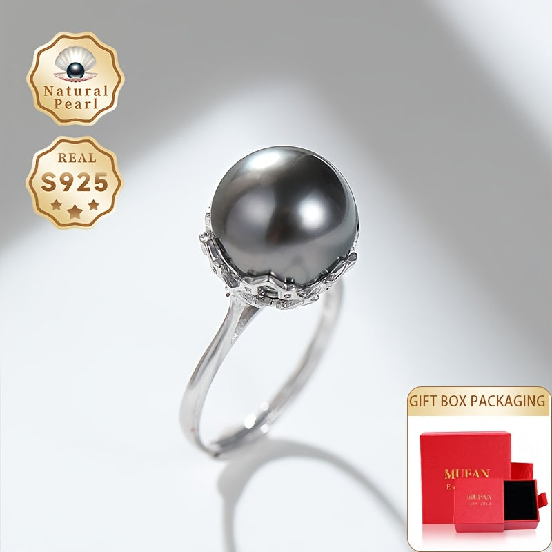 Elegant Black Round Natural Pearl Ring with 11-12mm Deep Sea Large Freshwater Pearl on Adjustable Open S925 Silver Band - Comes in a Perfect Gift Box, Shape and Color May Vary, Daimi Brand