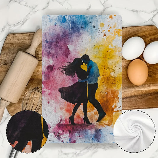 Experience the "Adventure of Love" with 2 luxurious Ultra Soft Kitchen Towels featuring a Dancing Couple Design. These towels are highly absorbent, machine washable, and come with a vibrant watercolor splash background. Measuring 40.64x60.96 cm, they are