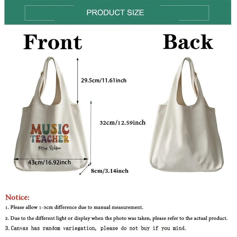 Customized Music Teacher Tote Bag - Durable Polyester Shoulder Bag with Cartoon & Alphabet Print, Easy to Carry, Foldable, Machine Washable - Perfect Present for Music Lovers and Educators