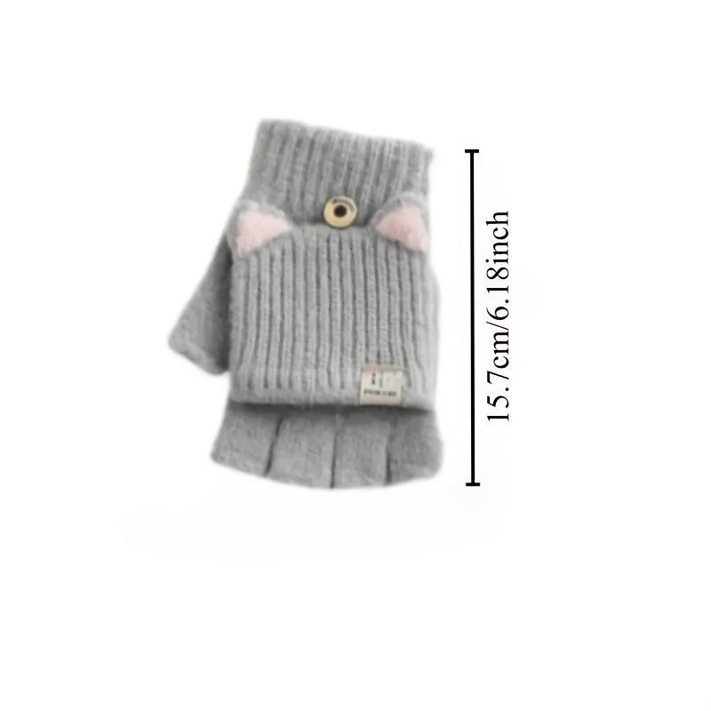 Warm and Windproof Fingerless Gloves for Girls with Cat Ear Design - Made of Soft Polyester, Perfect for Outdoor Activities