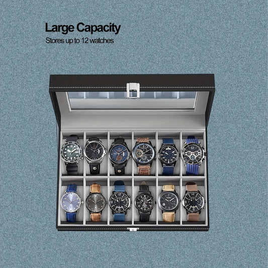 This watch storage box features 12 slots in a sleek gray design, with a transparent cover and PU leather wrapping. It makes for the perfect gift option.