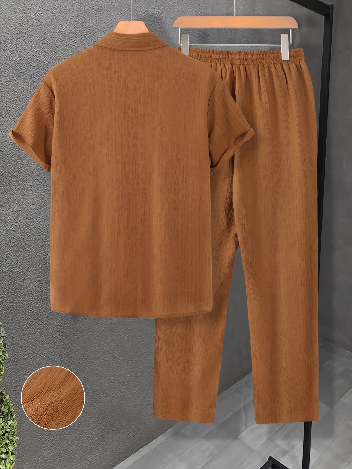 Men's summer 2-piece casual outfit includes a solid color shirt and drawstring pants for a comfy and breathable look.