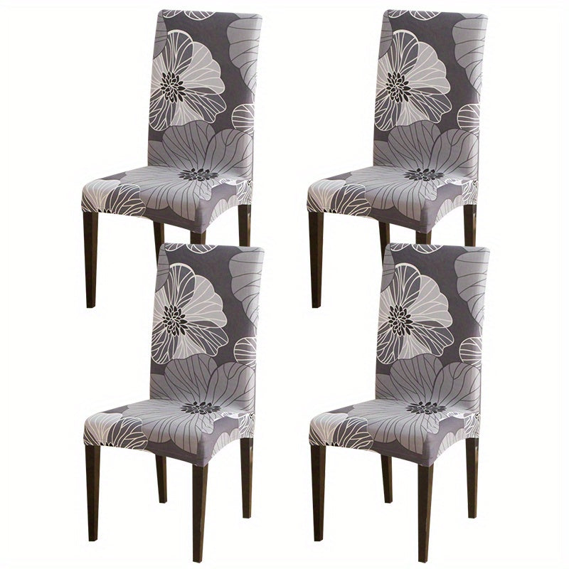 Printed stretch chair slipcovers in 4 or 6 pieces, ideal for dining chairs in various settings.