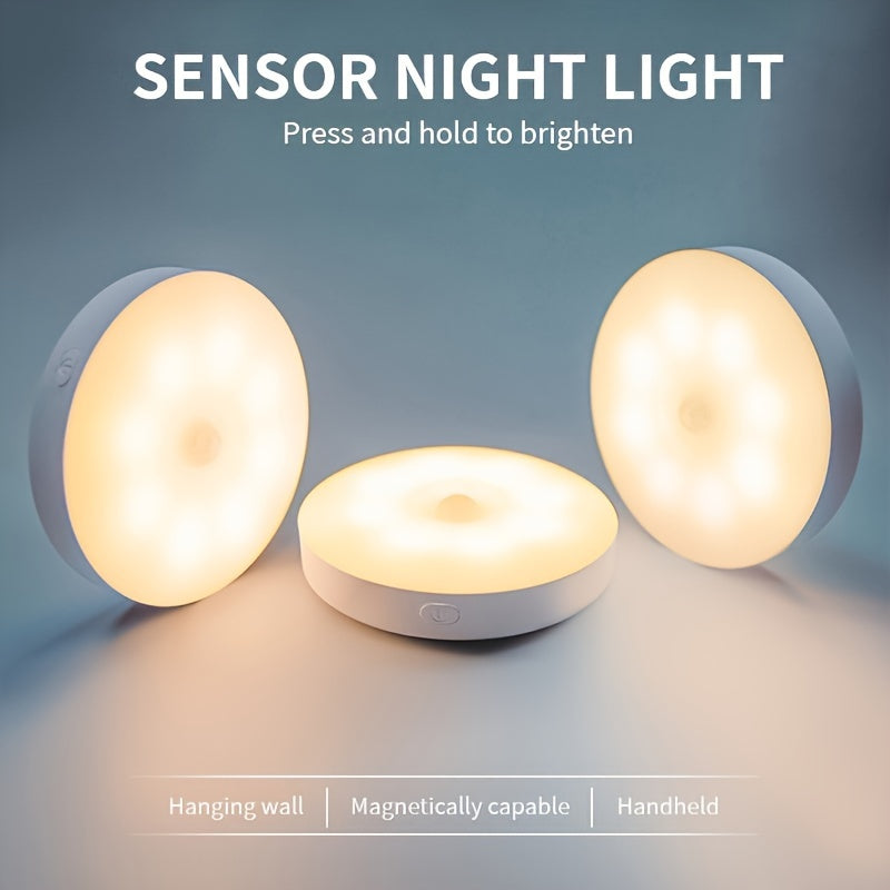 3 smart motion sensor night lights with adjustable brightness, auto on/off feature. Suitable for bedroom, stairs, under cabinet, and closet. Available in warm and cool white colors.