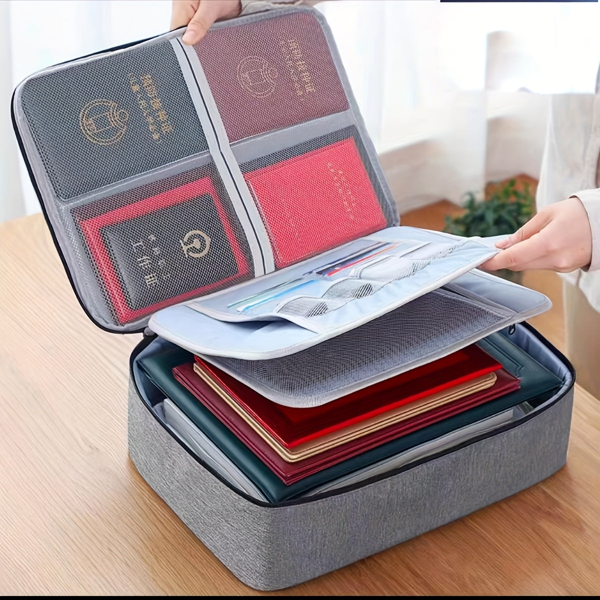 Large capacity multi-layer polyester document organizer for credit cards, driver's license, and important files.