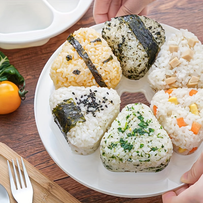 Triangle-shaped Sushi Mold Set includes 6 pieces and an oil brush, perfect for creating onigiri rice balls for bento boxes. This plastic kit is ideal for making Japanese sushi and is safe to use with food. Make delicious seaweed-wrapped rice with this