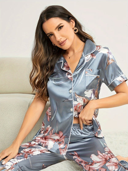 Women's floral print pajama set with short sleeve button top and elastic waistband pants, perfect for sleepwear or loungewear.