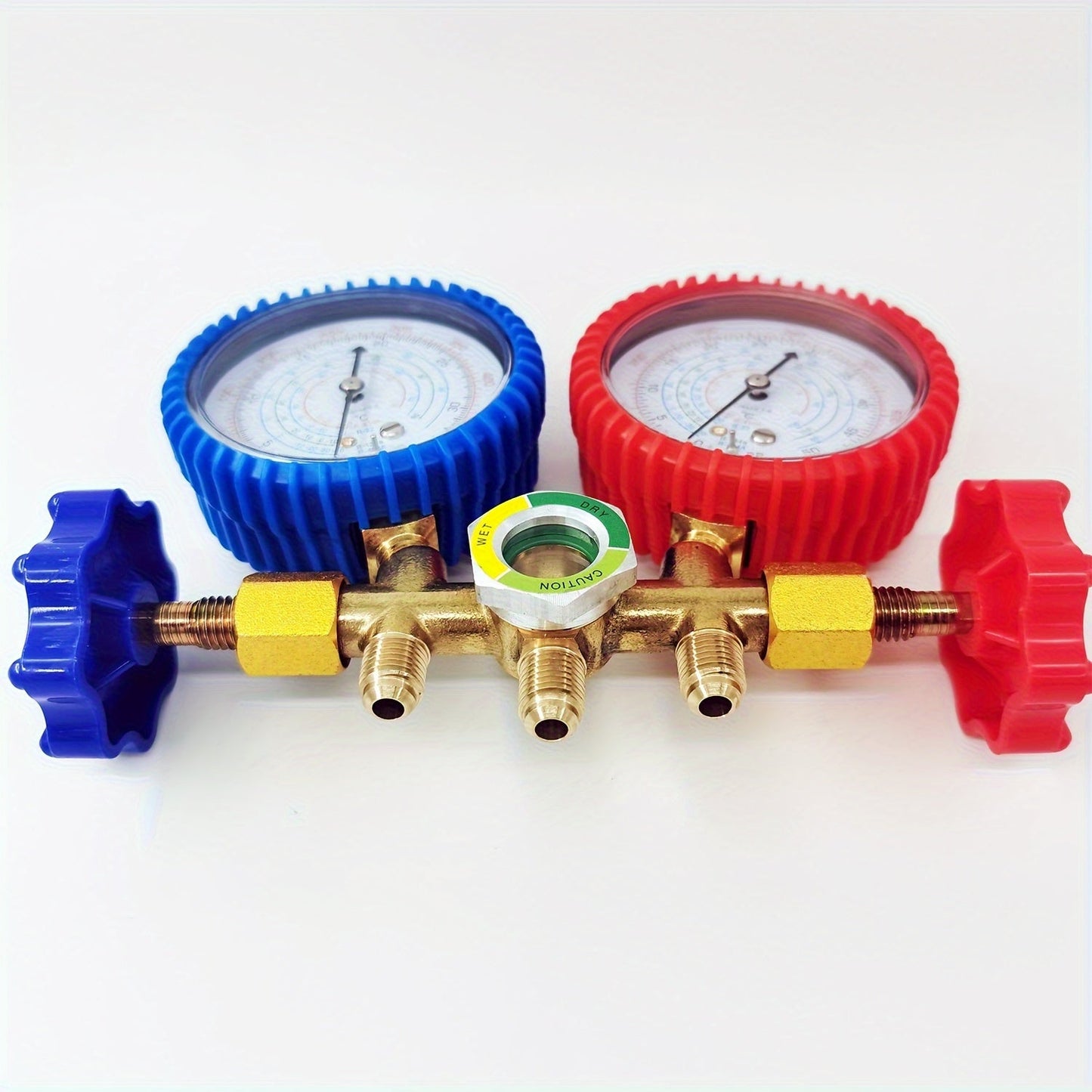 HVAC and Refrigeration Manifold Gauge Set with Hoses and Hook, Made from Metal and Plastic, Compatible with R410A, R404A, R134A, R22 Refrigerants. Ideal for Automotive and Home Air Conditioning Charging, No Power Needed.