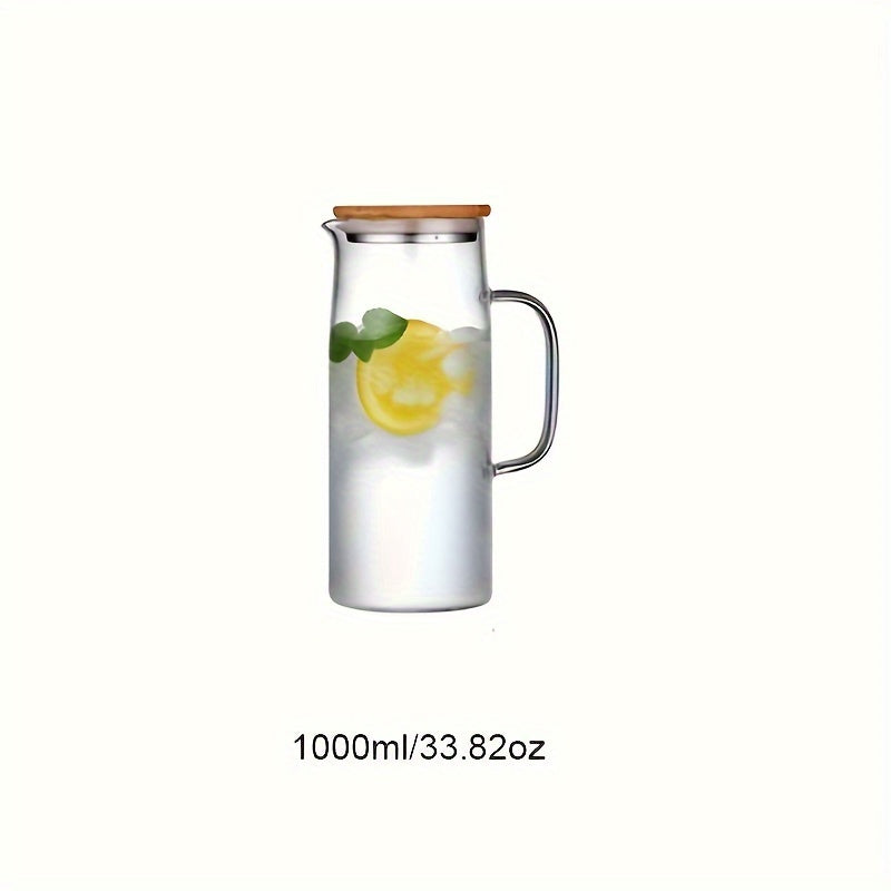 Glass cold water pitcher with bamboo lid, available in 1000ml or 1500ml sizes, round shape, hand wash only, suitable for chilled beverages - for adults.