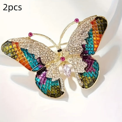 Two Elegant Alloy Butterfly Brooch Pins adorned with Sparkling Rhinestones - Timeless Luxury Fashion Accessories for Women