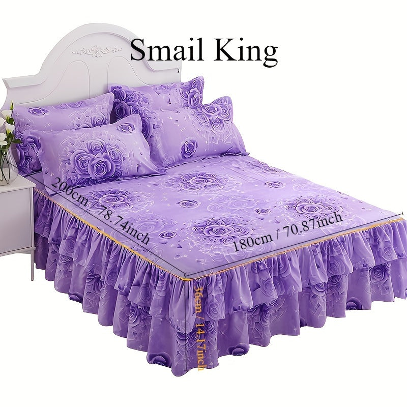 Set of 3 Tropical Floral Bed Skirt Pieces - Includes 1 Lace Non-Slip Bed Skirt and 2 Pillowcases, Polyester Bedding with Ruffled Edges for All Seasons, Machine Washable - Elegant Purple for Bedroom and Guest Room Decor, Bedding Set, Core Not Included