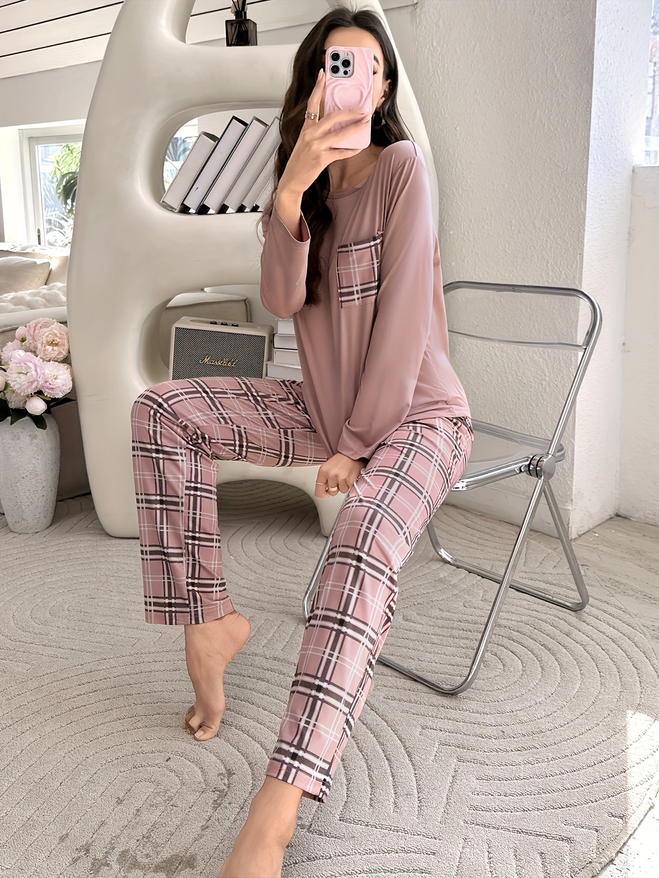 Plaid print pajama set for women, perfect for fall/winter.